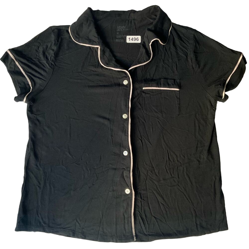 Stars Above Women’s Short Sleeve Button Down Pijama Top size M, Solid Black